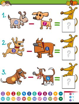Cartoon Illustration of Educational Mathematical Subtraction Activity Task for Children with Dog Characters