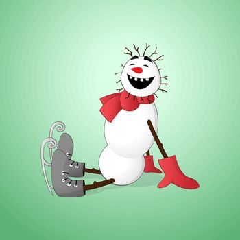 Laughing Snowman fallen on his back with figure skates on his feet