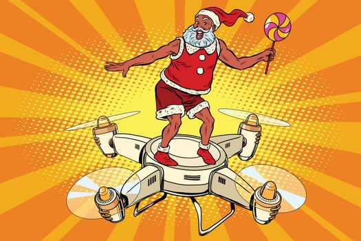 Santa Claus flying on a quadcopter, pop art retro comic book vector illustration. New year and Christmas
