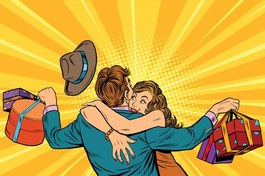 Wife hugs her husband with gifts, pop art retro vector illustration. Woman and man birthday