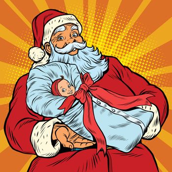 Santa Claus with gift - newborn girl, pop art retro vector illustration