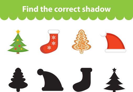 Children s educational game, find correct shadow silhouette. Christmas set for game to find the right shade. Vector illustration