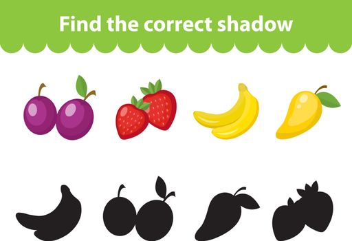 Children s educational game, find correct shadow silhouette. Fruit set the game to find the right shade. Vector illustration