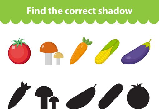 Children s educational game, find correct shadow silhouette. Vegetables set the game to find the right shade. Vector illustration