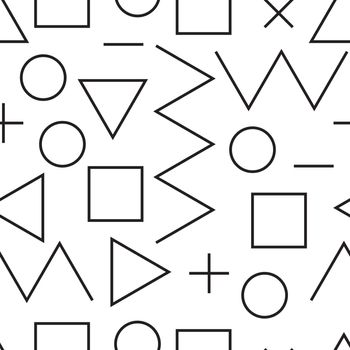 Universal vector lineal geometric seamless pattern. Simple abstract mathematic figure in minimalist style. Circles, dots, triangles, squares, zigzag 