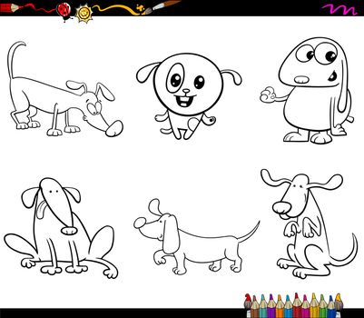Black and White Cartoon Illustration Dogs Animal Characters Set Coloring Page