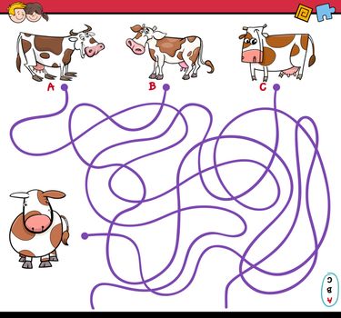 Cartoon Illustration of Paths or Maze Puzzle Activity Game with Calf and Cow Farm Animal Characters
