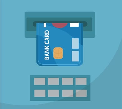 ATM with a bank card icon, flat design. ATM isolated on white background. Vector illustration, clip art