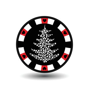 chip poker casino Christmas new year. Icon on white easy to separate the background. To use for sites, design, decoration, printing, etc. In the middle of the Christmas tree made of snowflakes on red feature