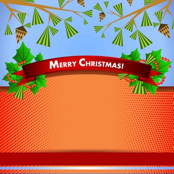 Holiday promotional advertising ribbon with decoration of Christmas ribbon, X-Mas tree branches, cones and berries in crimson shades