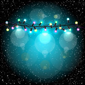 Christmas lamp light on dark blue snow background. Multicolor bulb and wire silhouette. Celebration Holiday garland