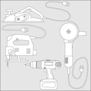 Set of power tools: screwdriver, planer, jig saw, angle grinder. Vector outline sketch of equipment for construction and repair.
