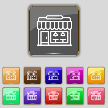 Store icon sign. Set with eleven colored buttons for your site. Vector illustration