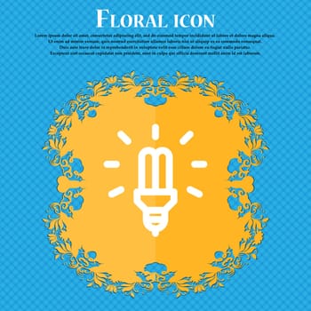 Led Bulb Icon sign. Floral flat design on a blue abstract background with place for your text. Vector illustration