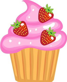 Cute cupcakes, flat cartoon style. Cake with cream and strawberries. Isolated on white background. Vector illustration, clip art