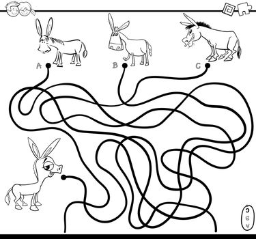 Black and White Cartoon Illustration of Paths or Maze Puzzle Activity Game with Donkey Farm Animal Characters Coloring Page