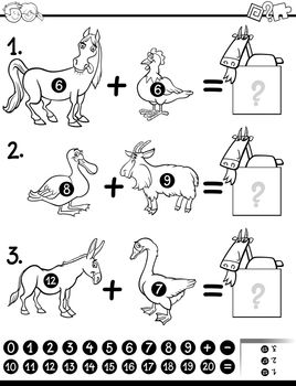 Black and White Cartoon Illustration of Educational Mathematical Addition Activity Game for Children with Farm Animal Characters Coloring Page