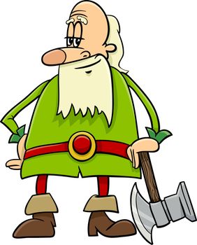 Cartoon Illustration of Dwarf with Axe Fantasy Character