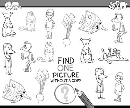 Black and White Cartoon Illustration of Educational Activity of Finding Single Picture for Children Coloring Page