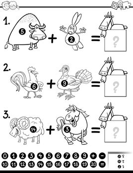 Black and White Cartoon Illustration of Educational Mathematical Addition Activity for Children with Farm Animal Characters Coloring Page