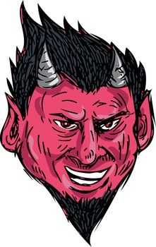 Drawing sketch style illustration of a demon head with horns and goatee viewed from front set on isolated white background. 