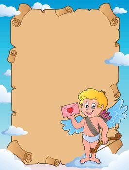 Parchment with Cupid holding envelope - eps10 vector illustration.