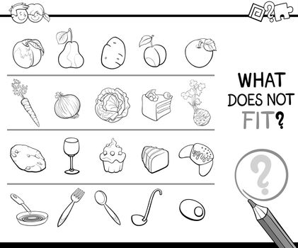 Black and White Cartoon Illustration of Finding Improper Image in the Row Educational Activity for Children with Food Objects Coloring Page