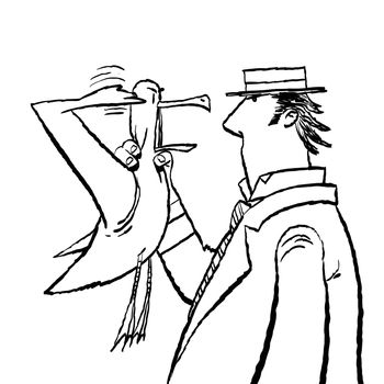 Gentleman and Seagull humor, cartoon style vector illustration. Marine animals