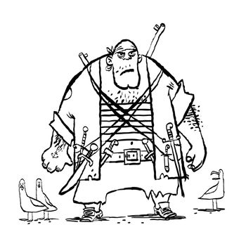 Huge funny pirate and seagulls, cartoon style vector illustration