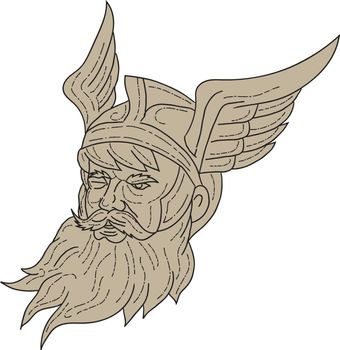 Drawing sketch style illustration of a head of Norse mythology god, Odin with beard, hat and blind on one eye viewed from front set on isolated white background done in retro style. 