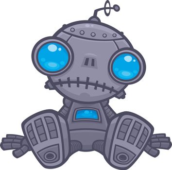Vector cartoon illustration of a cute, but sad little robot with blue eyes sitting on the floor.