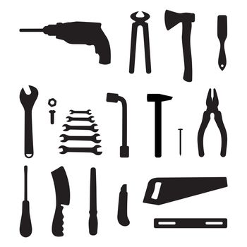 Many industrial tools to work in black on a white background