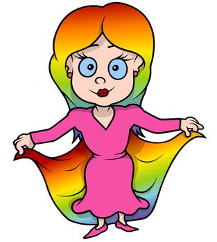 Rainbow Fairy In Pink Dress - Cartoon Illustration, Vector