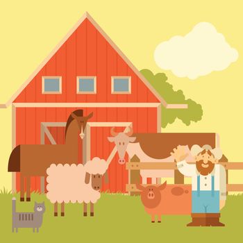 Vector image of a banner with the flat  farm animals and farmer