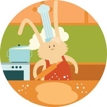 Vector image of little white rabbit which is cooking the food