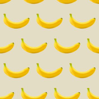 Seamless fruit background, repeating texture with set of photorealistic yellow banana, vector illustration.