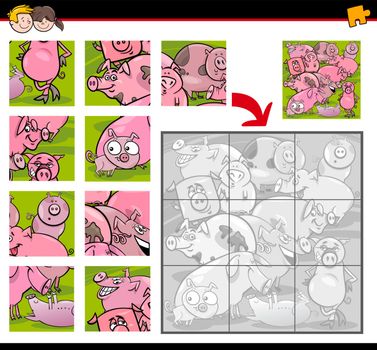 Cartoon Illustration of Education Jigsaw Puzzle Activity for Children with Pigs Farm Animal Characters