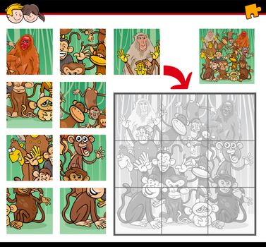 Cartoon Illustration of Education Jigsaw Puzzle Activity for Children with Monkeys Animal Characters