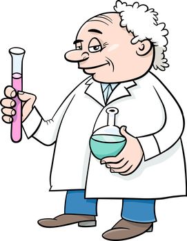 Cartoon Illustration of Scientist Character with Liquids in Vials