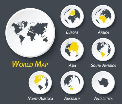 World and continent map on circle .