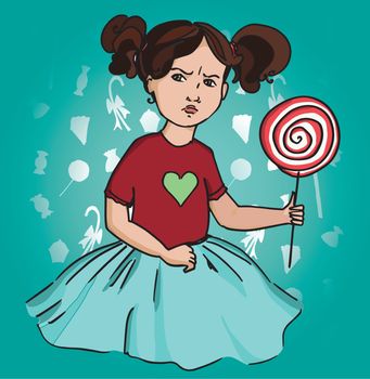 Gloomy girl with Lollipop. Emotions childhood sweets