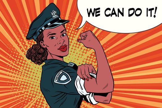Woman COP we can do it. Vintage pop art retro vector illustration. female police officer, policewoman African American