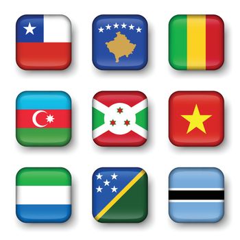 Set of world flags quadrangular badges ( Chile . Kosovo . Mali . Azerbaijan . Burundi . Vietnam . Sierra Leone . Solomon Islands . Botswana )