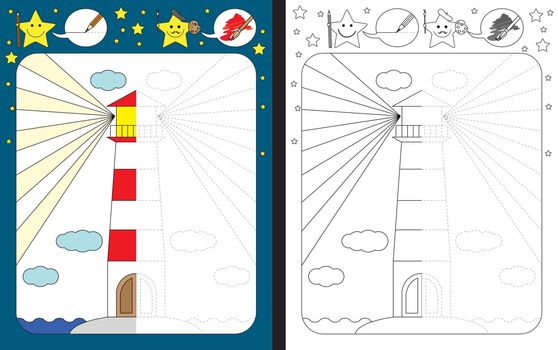 Preschool worksheet for practicing fine motor skills - tracing dashed lines - finish the illustration of lighthouse