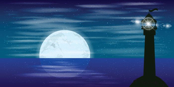 Desktop background. Landscape. Night sky moon reflection beacon signal. Illustration. Use wallpaper for, the website, smart phone, tablet PC, printing, etc