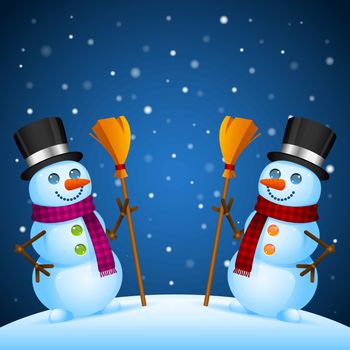 Composition two snowmen stand with broom, format EPS 10