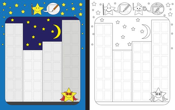 Preschool worksheet for practicing fine motor skills - tracing dashed lines and finishing windows on buildings