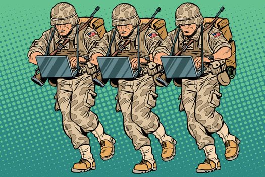 Squad modern cyber soldier. Vintage pop art retro comic book vector illustration. Military hackers