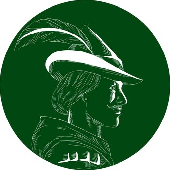 Illustration of a Robin Hood wearing medieval hat with a pointed brim and feather viewed from side set inside circle done in retro woodcut style. 