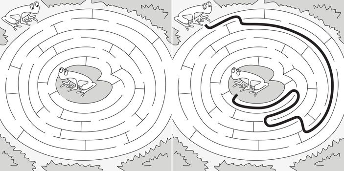 Easy frogs maze for younger kids with a solution in black and white